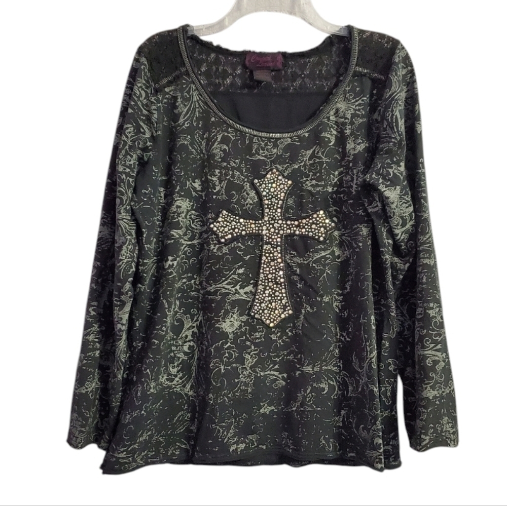 Cowgirl Legend Women's Goth Cotton Rhinestones Cross Long Sleeved Top 2X